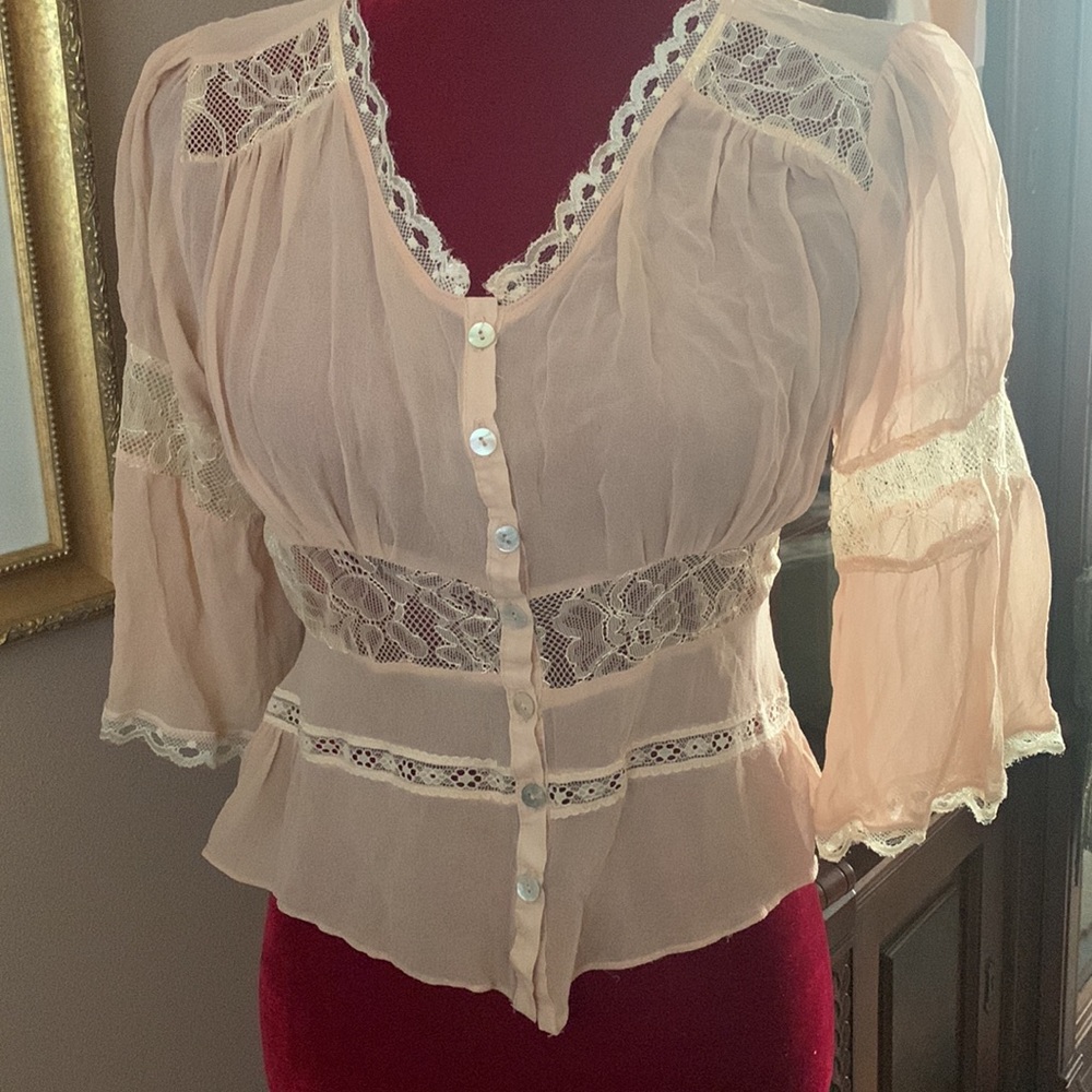 Y2K Lace Peach Victorian Style Blouse Small Cottagecore - Picture 3 of 7